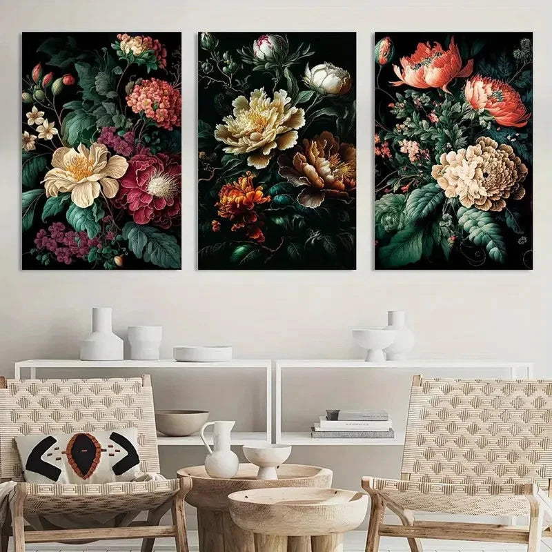 3pcs Vintage Moody Flower Floral Painting Metal Print Ready to Hang Art - Bella Home Decor