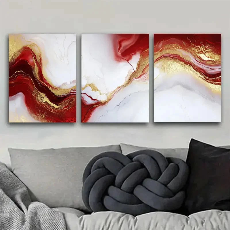 3pcs Abstract Red and Golden Wall Art Set Metal Print Ready to Hang Art - Bella Home Decor