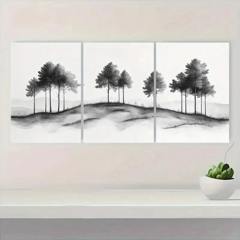 3pcs Vintage Black and White Tree Landscape Metal Print Ready to Hang Art - Bella Home Decor