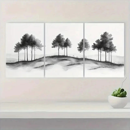 3pcs Vintage Black and White Tree Landscape Metal Print Ready to Hang Art - Bella Home Decor