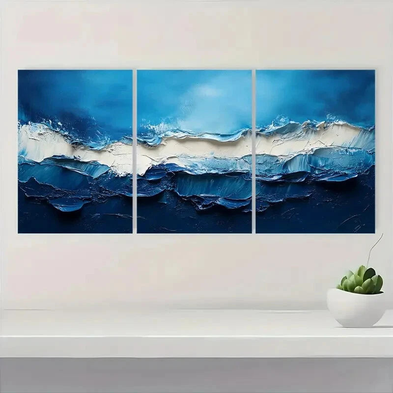 3pcs Along with Blue And White Abstract Ocean Art Metal Print Ready to Hang Art
