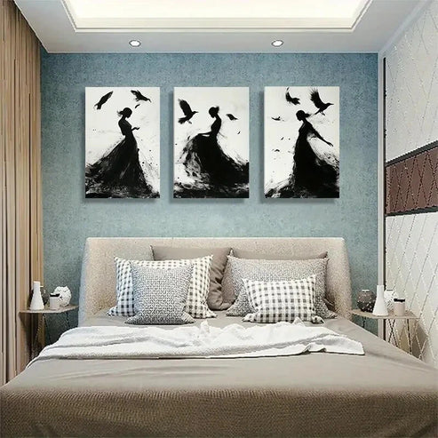 3pcs Silhouettes with Birds and Flowing Perfect Wall Art Set Canvas Unframed - High Quality Print 100% Australian Made Wall Canvas