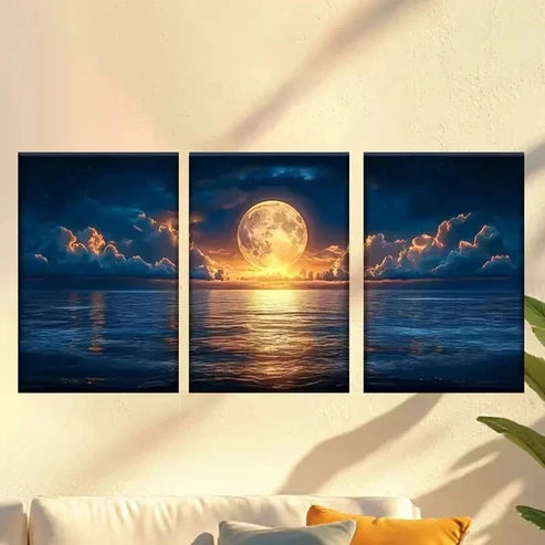 3pcs A Full Moon Over the Ocean with Clouds Wall Art Canvas Unframed - High Quality Print 100% Australian Made Wall Canvas - Bella Home Decor