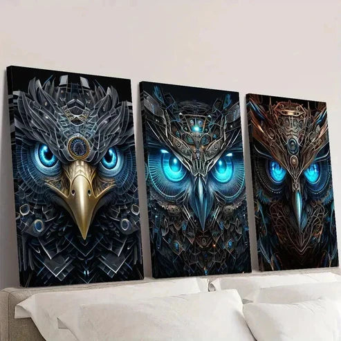 3pcs Abstract Retro Owl Mechanical Wildlife Wall Art Set Canvas Unframed - High Quality Print 100% Australian Made Wall Canvas - Bella Home Decor