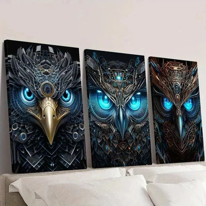 3pcs Abstract Retro Owl Mechanical Wildlife Wall Art Set Canvas Unframed - High Quality Print 100% Australian Made Wall Canvas - Bella Home Decor