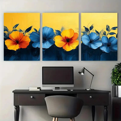 3pcs Neon Yellow Blue Abstract Floral Pattern Metal Print Ready to Hang Art - Bella Home Decor