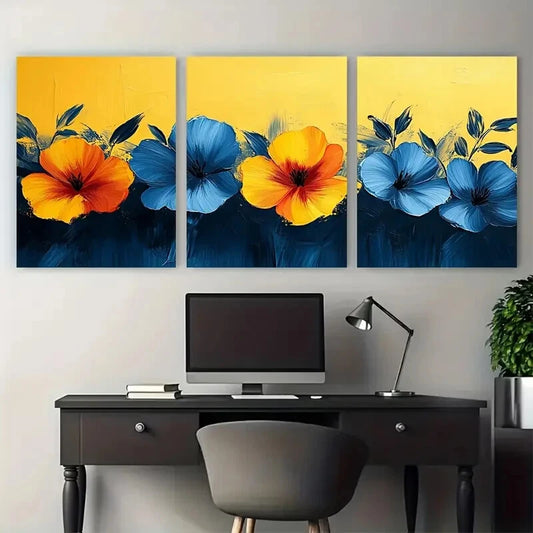 3pcs Neon Yellow Blue Abstract Floral Pattern Metal Print Ready to Hang Art