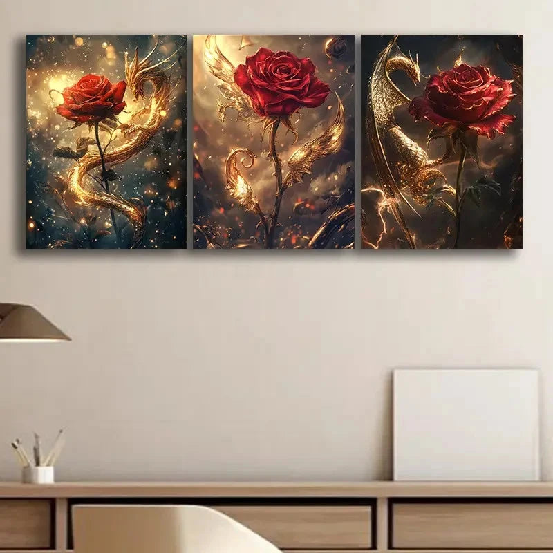 3pcs Mystical Golden Dragon & Red Rose Design Metal Print Ready to Hang Art