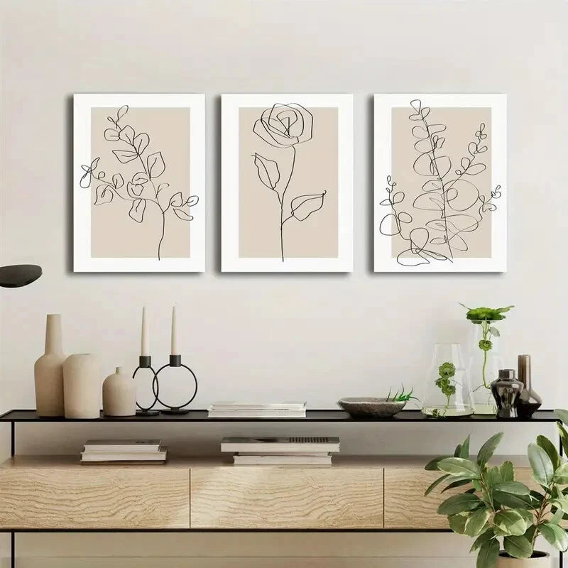 3pcs Rose Flowers, Eucalyptus Leaves Line Art Metal Print Ready to Hang Art