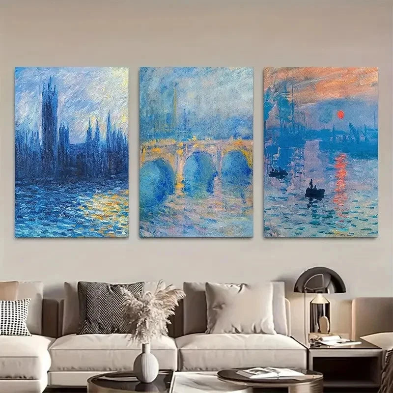 3pcs Claude Monet Vintage Blue Water Wall Art Metal Print Ready to Hang Art - Bella Home Decor