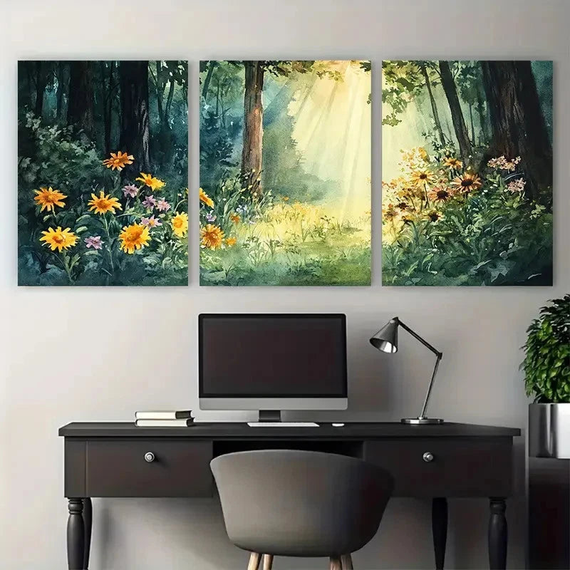 3pcs Sunlit Wildflowers in a Tranquil Nature Wall Art Set Canvas Framed 40x60cm - High Quality Print 100% Australian Made Wall Canvas Ready to Hang