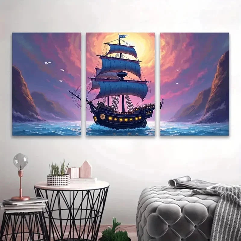 3pcs Sailing Ship at Sunset Wall Art Set Canvas Framed 50x70cm - High Quality Print 100% Australian Made Wall Canvas Ready to Hang