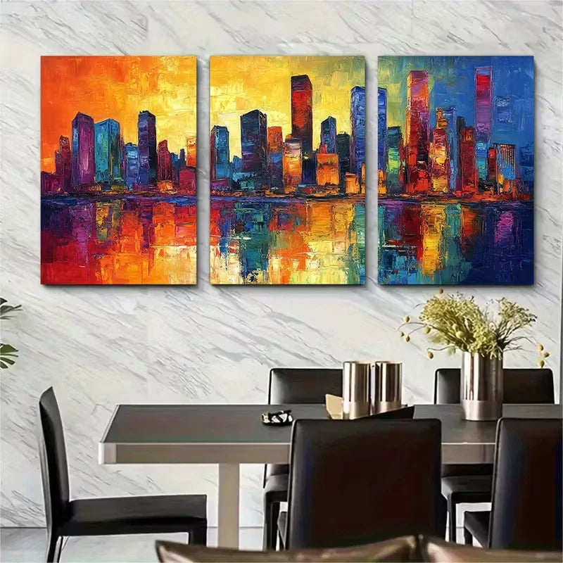 3pcs Urban Skyline Oil Painting Metal Print Ready to Hang Art - Bella Home Decor