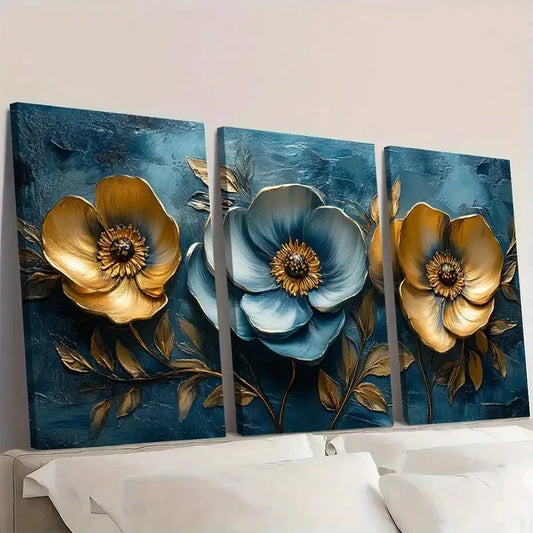 3pcs Abstract Golden Flower Floral Art TR Wall Art Set Canvas Framed 50x70cm - High Quality Print 100% Australian Made Wall Canvas Ready to Hang