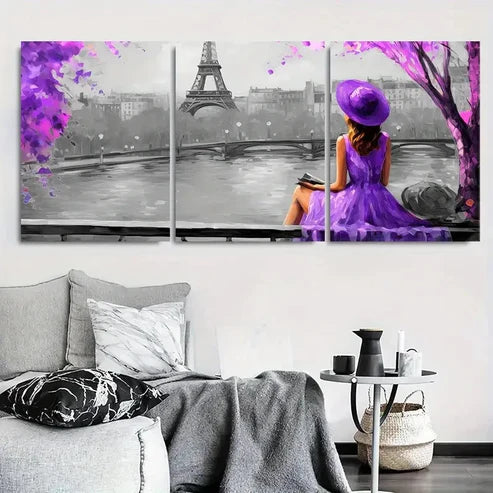 3pcs Eiffel Tower Scene Purple Dress Wall Art Canvas Unframed - High Quality Print 100% Australian Made Wall Canvas