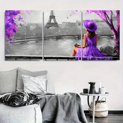 3pcs Eiffel Tower Scene Purple Dress Wall Art Canvas Unframed - High Quality Print 100% Australian Made Wall Canvas