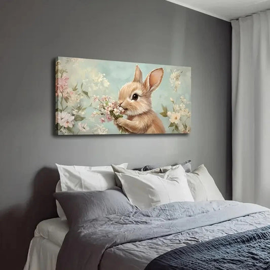 Charming Bunny with Pink Flower Wall Art Canvas Office Home Room Framed 120x60cm