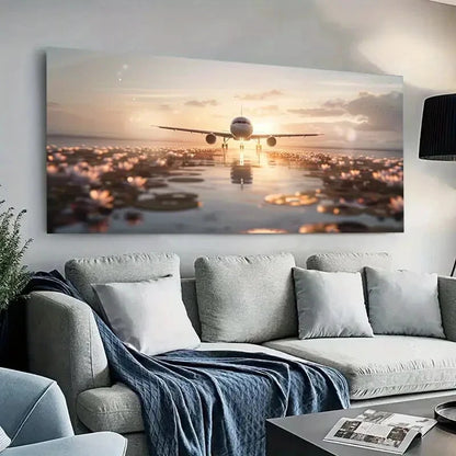 Sunset Over Lake Airplane wall canvas office home room framed 120x60cm - Bella Home Decor