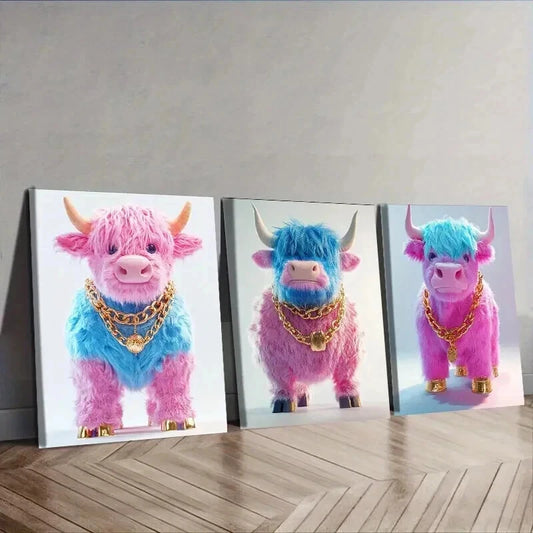 3pcs Pink Highland Cattle Wall Art Set Canvas Framed 50x70cm - High Quality Print 100% Australian Made Wall Canvas Ready to Hang