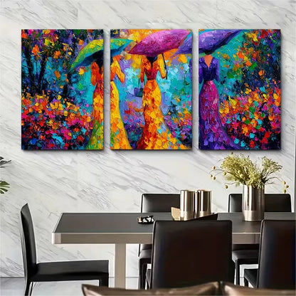 3pcs Three Women with Umbrellas Metal Print Ready to Hang Art