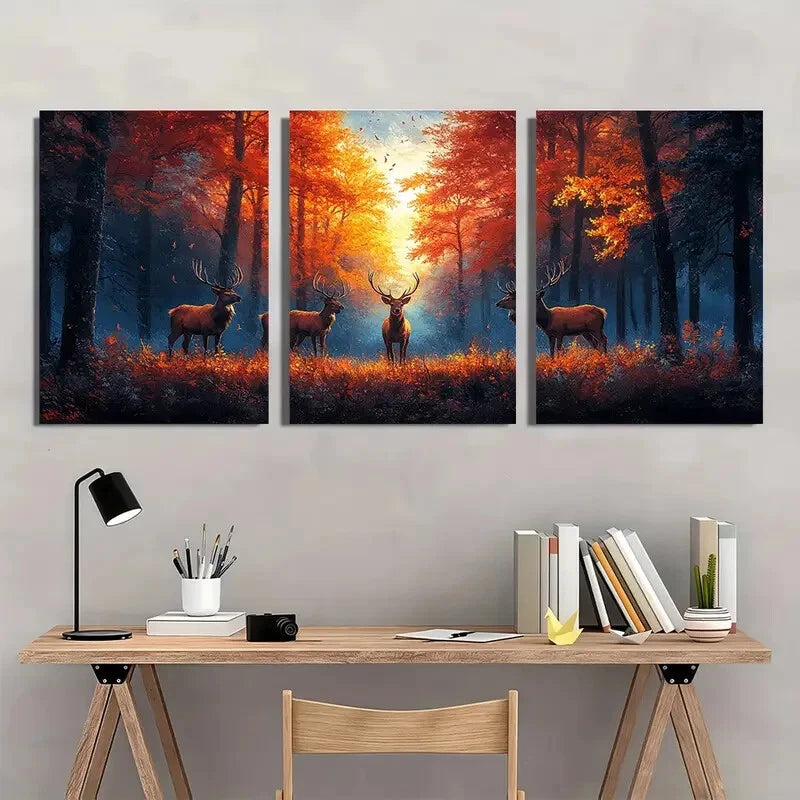 3pcs Rustic Deer Autumn Forest Landscape Wall Art Set Canvas Framed 60x90cm - High Quality Print 100% Australian Made Wall Canvas Ready to Hang - Bella Home Decor