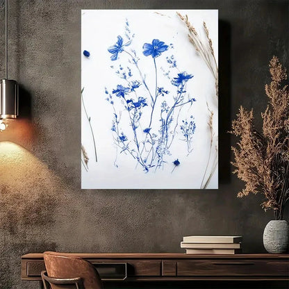 Beautiful Blue Floral Sketch Vintage Painting 40x60cm Metal Print Ready to Hang - Bella Home Decor