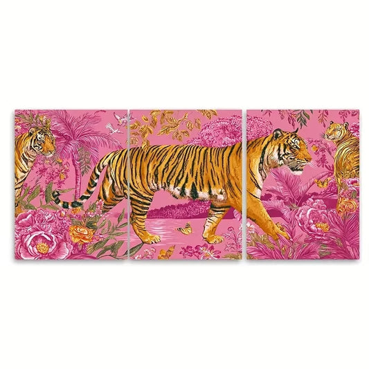 3pcs Pink Orange Retro Tiger Wall Art Set Canvas Framed 40x60cm - High Quality Print 100% Australian Made Wall Canvas Ready to Hang