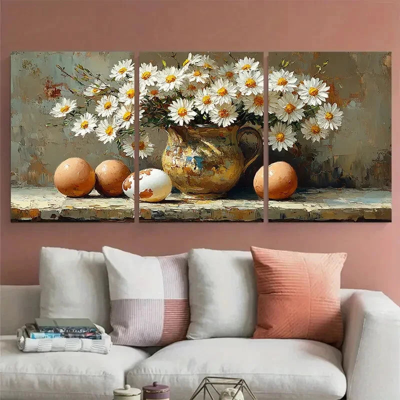 3pcs Daisy Flowers in a Pitcher with Eggshell Metal Print Ready to Hang Art - Bella Home Decor