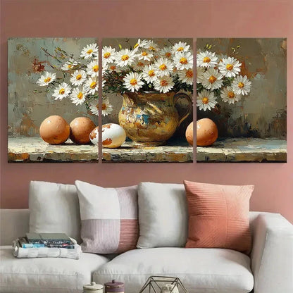 3pcs Daisy Flowers in a Pitcher with Eggshell Metal Print Ready to Hang Art - Bella Home Decor