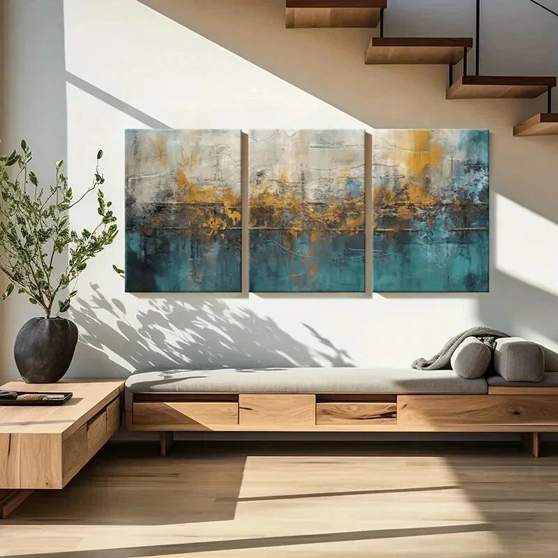 3pcs Abstract Modern Design Blue Yellow Palette Metal Print Ready to Hang Art - Bella Home Decor