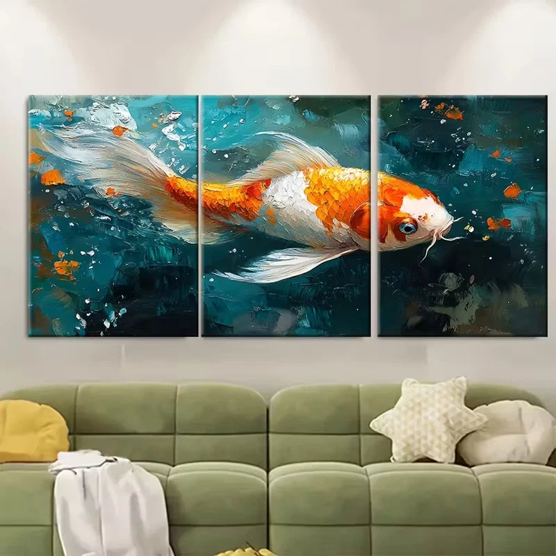 3pcs Koi Fish Abstract Oil Painting Metal Print Ready to Hang Art