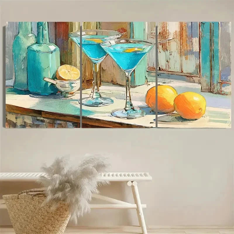 3pcs Martini Vintage Bar Cart Cocktail Retro Wall Art Set Canvas Framed 60x90cm - High Quality Print 100% Australian Made Wall Canvas Ready to Hang