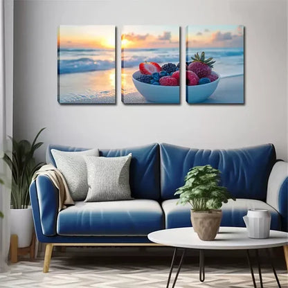 3pcs Beach, Bowl of Fruit, Oil Painting Wall Art Canvas Unframed - High Quality Print 100% Australian Made Wall Canvas - Bella Home Decor