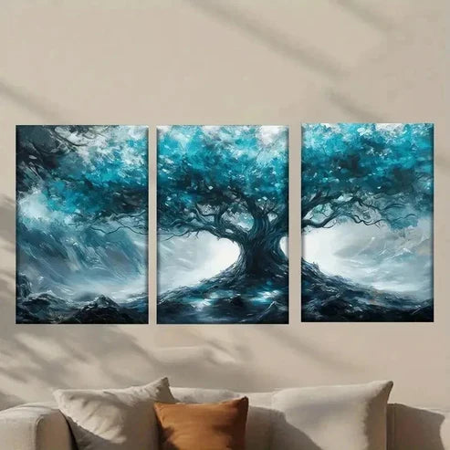 3pcs Tree with Glowing Blue Leaves Wall Art Canvas Unframed - High Quality Print 100% Australian Made Wall Canvas