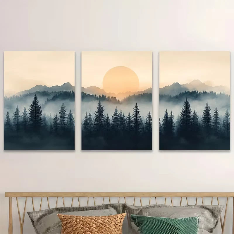 3pcs Evergreen Pine Tree Black and White Nature  Wall Art Set Canvas Framed 50x70cm - High Quality Print 100% Australian Made Wall Canvas Ready to Hang
