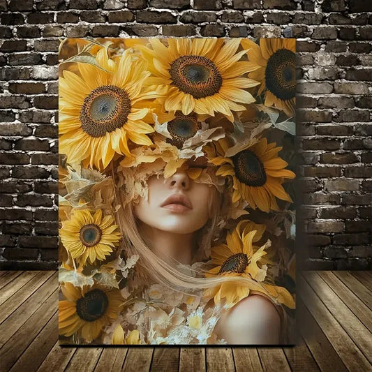 Stunning Sunflower Design with Elegant Woman 40x60cm Metal Print Ready to Hang - Bella Home Decor