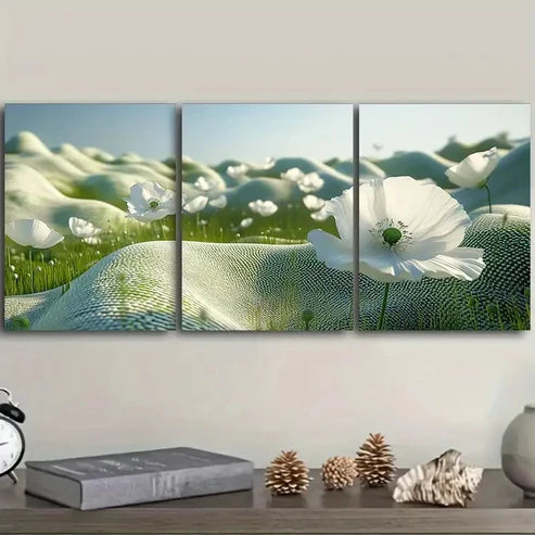 3pcs White Poppy Field Flowers Wall Art Set Canvas Unframed - High Quality Print 100% Australian Made Wall Canvas