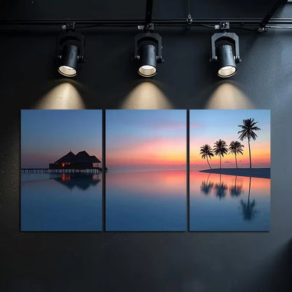 3pcs Maldives Resort Sunset with Palm Reflection Wall Art Set Canvas Framed 60x90cm - High Quality Print 100% Australian Made Wall Canvas Ready to Hang