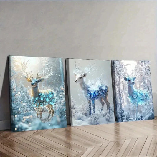 3pcs Deer with Snowflakes, Ice-Blue & Golden Wall Art Set Canvas Framed 50x70cm - High Quality Print 100% Australian Made Wall Canvas Ready to Hang
