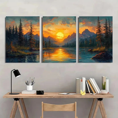 3pcs Mountain Sunrise Warm Golden Skies over Deep Metal Print Ready to Hang Art - Bella Home Decor