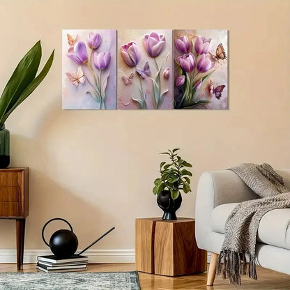 3pcs Purple Tulip And Butterfly Decoration Metal Print Ready to Hang Art - Bella Home Decor