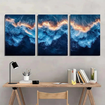 3pcs Extra Indigo Blue Tides Design Metal Print Ready to Hang Art