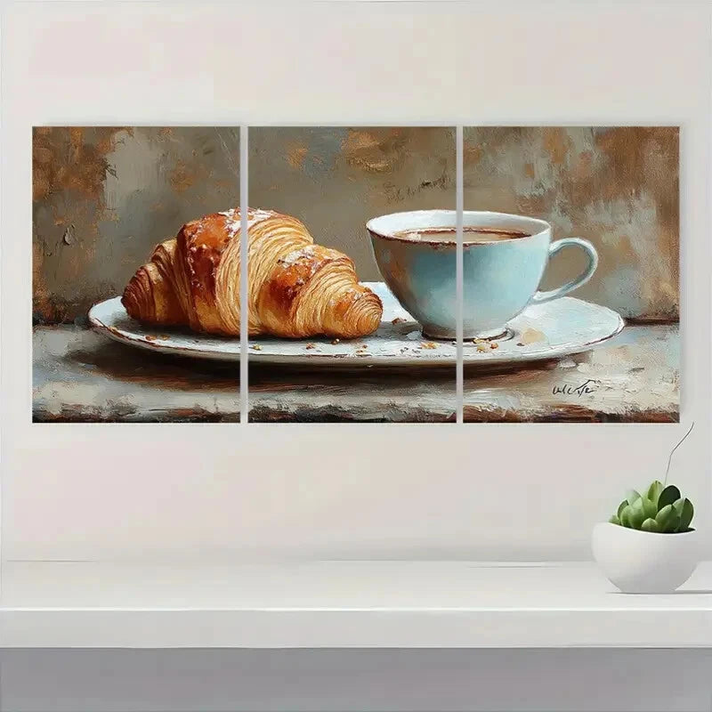 3pcs Still Life Croissant & Coffee Print Metal Print Ready to Hang Art