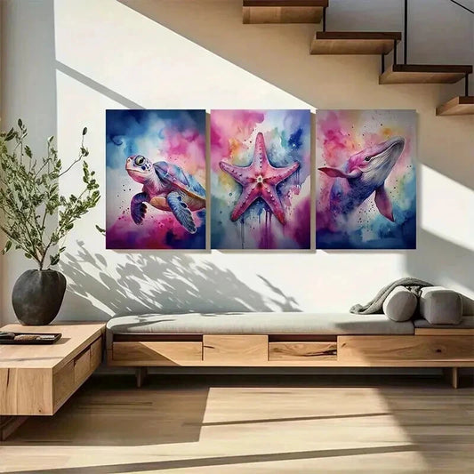 3pcs Whale Turtle & Starfish Marine Life Wall Art Set Canvas Framed 60x90cm - High Quality Print 100% Australian Made Wall Canvas Ready to Hang