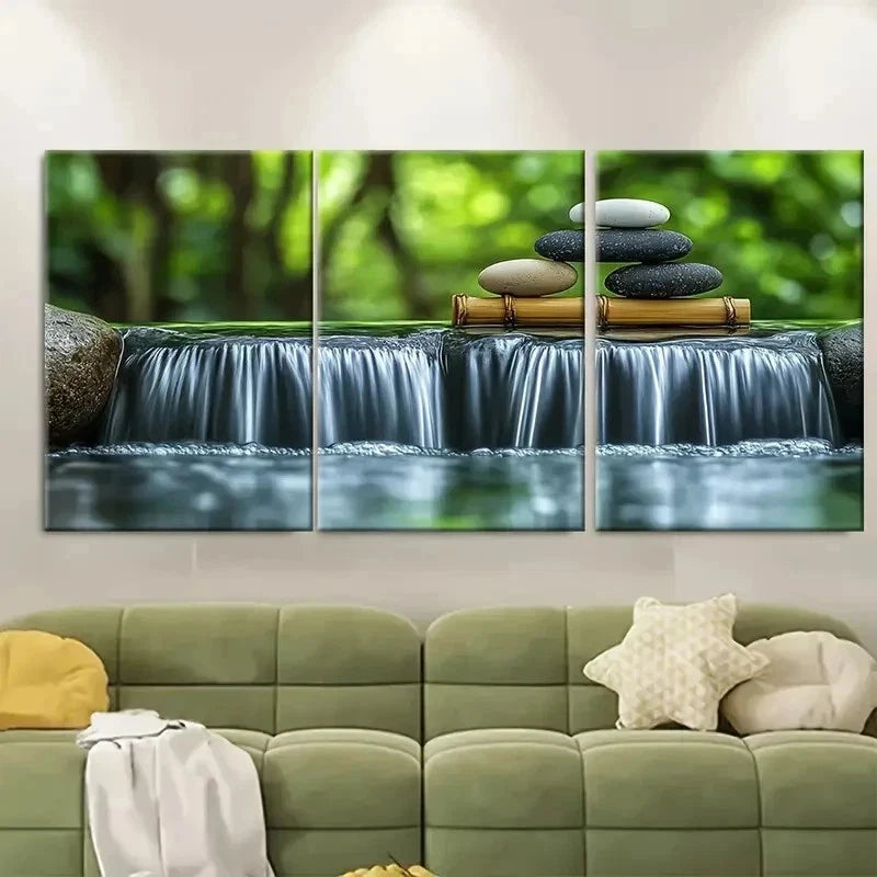 3pcs Bamboo and Pebble Print TR Wall Art Set Canvas Framed 60x90cm - High Quality Print 100% Australian Made Wall Canvas Ready to Hang - Bella Home Decor