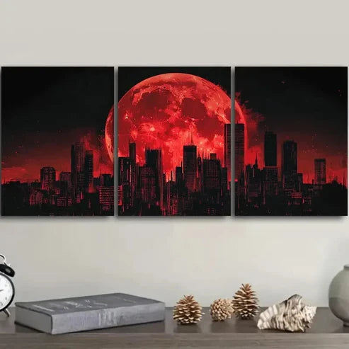 3pcs Big Red Moon Over Cityscape Wall Art Set Canvas Unframed - High Quality Print 100% Australian Made Wall Canvas - Bella Home Decor