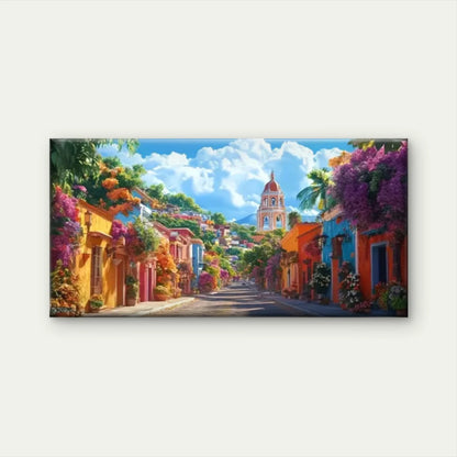 Street Colorful Flower Building Wall Art Canvas Office Home Room Framed 120x60cm