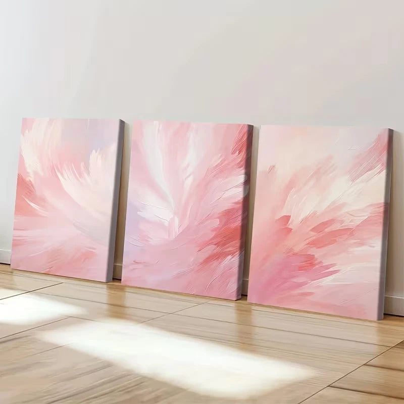 3pcs Pink and White Abstract Brush Stroke  Wall Art Set Canvas Framed 50x70cm - High Quality Print 100% Australian Made Wall Canvas Ready to Hang