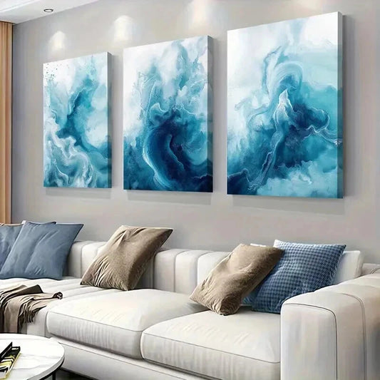 3pcs Deep Blue and Aqua Watercolor Design Wall Art Set Canvas Framed 50x70cm - High Quality Print 100% Australian Made Wall Canvas Ready to Hang