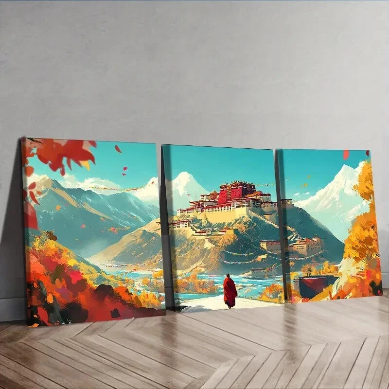 3pcs Potala Palace Autumn Landscape Wall Art Set Canvas Framed 50x70cm - High Quality Print 100% Australian Made Wall Canvas Ready to Hang